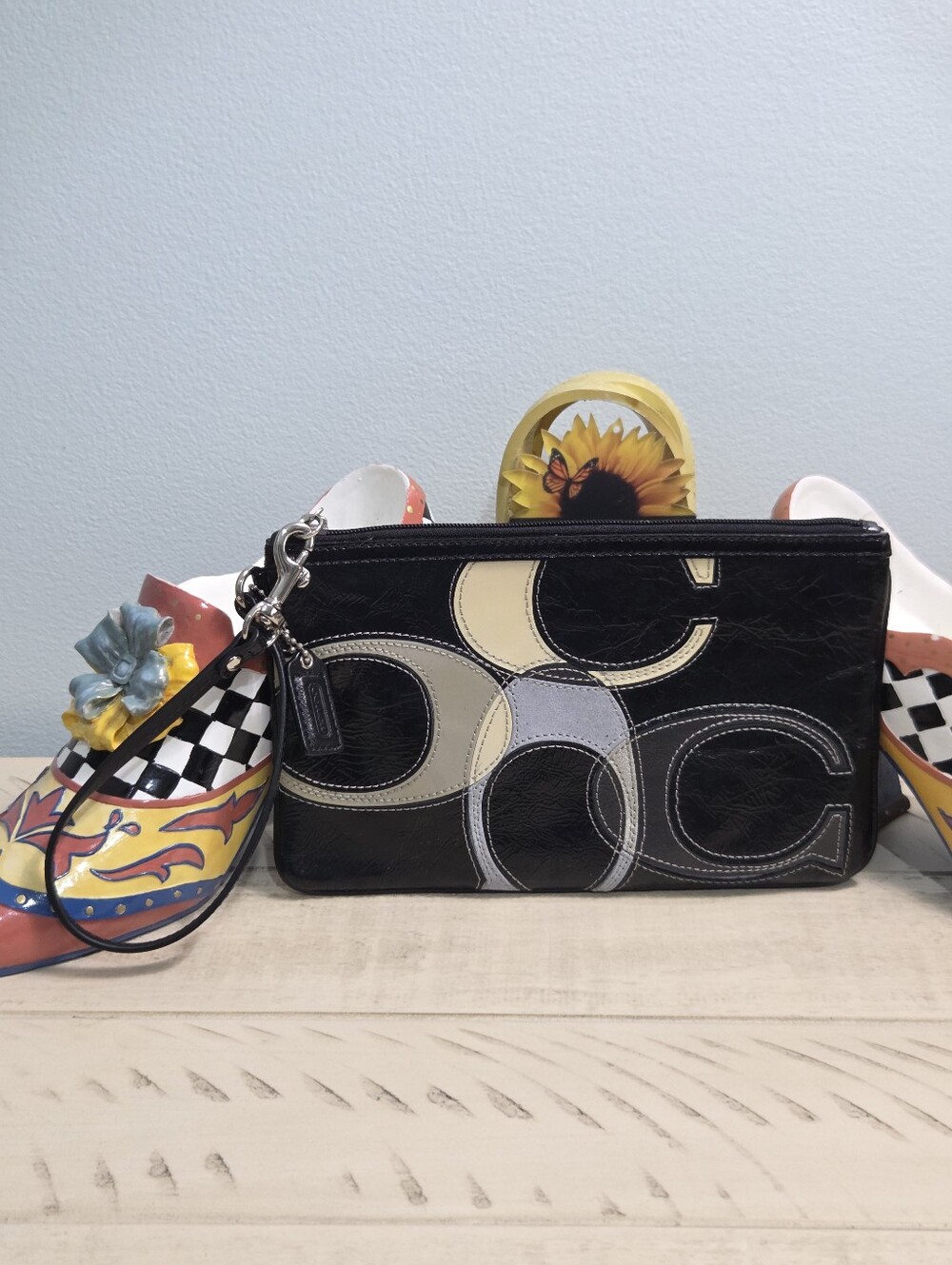 Coach Black Signature Inlaid Patchwork Large Wristlet, Vintage Y2K, EUC